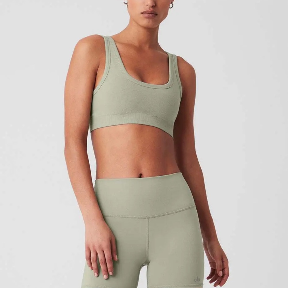 ALO Yoga Sage Green Ribbed Scoop Neck Crop Top